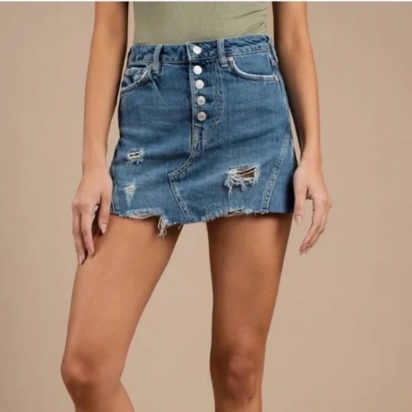 We The Free Button Down Distressed Denim Skirt - Picture 1 of 7
